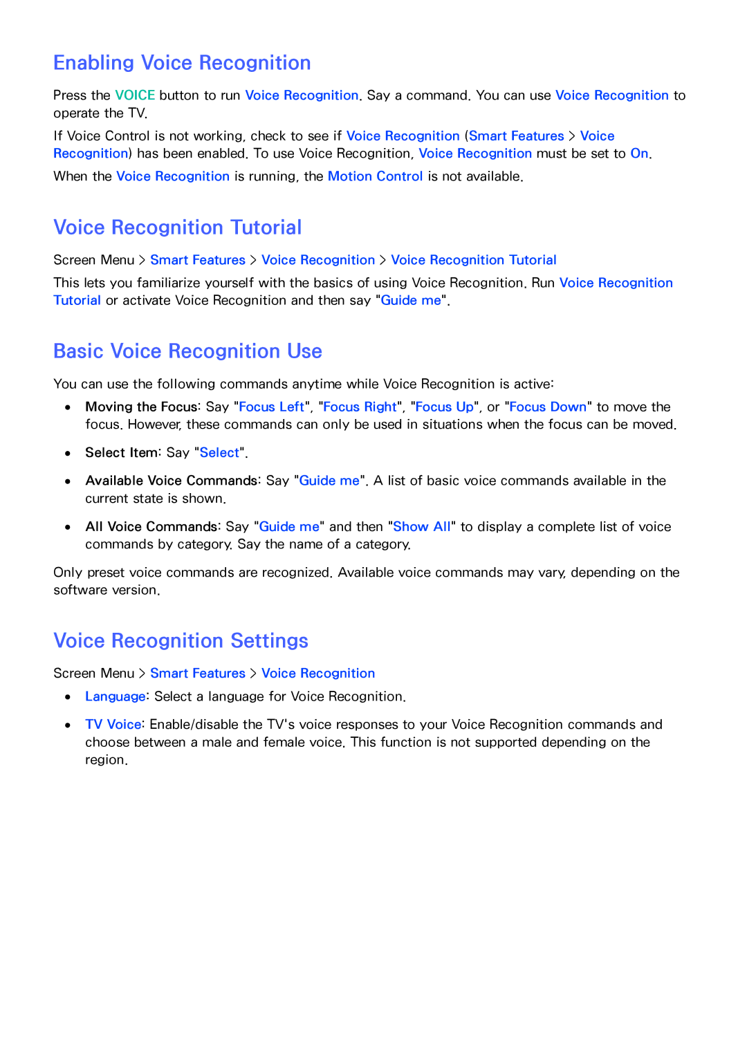 Samsung PN51F5500, PN60F5500, PN64F5500 Enabling Voice Recognition, Voice Recognition Tutorial, Basic Voice Recognition Use 