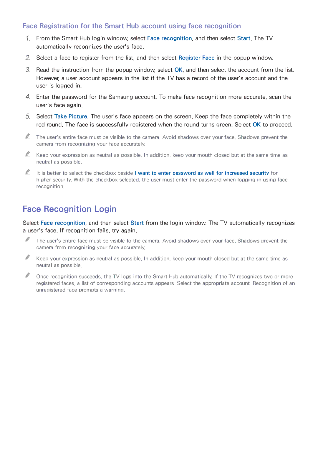 Samsung PN60F5500, PN64F5500, PN51F5500 manual Face Recognition Login 