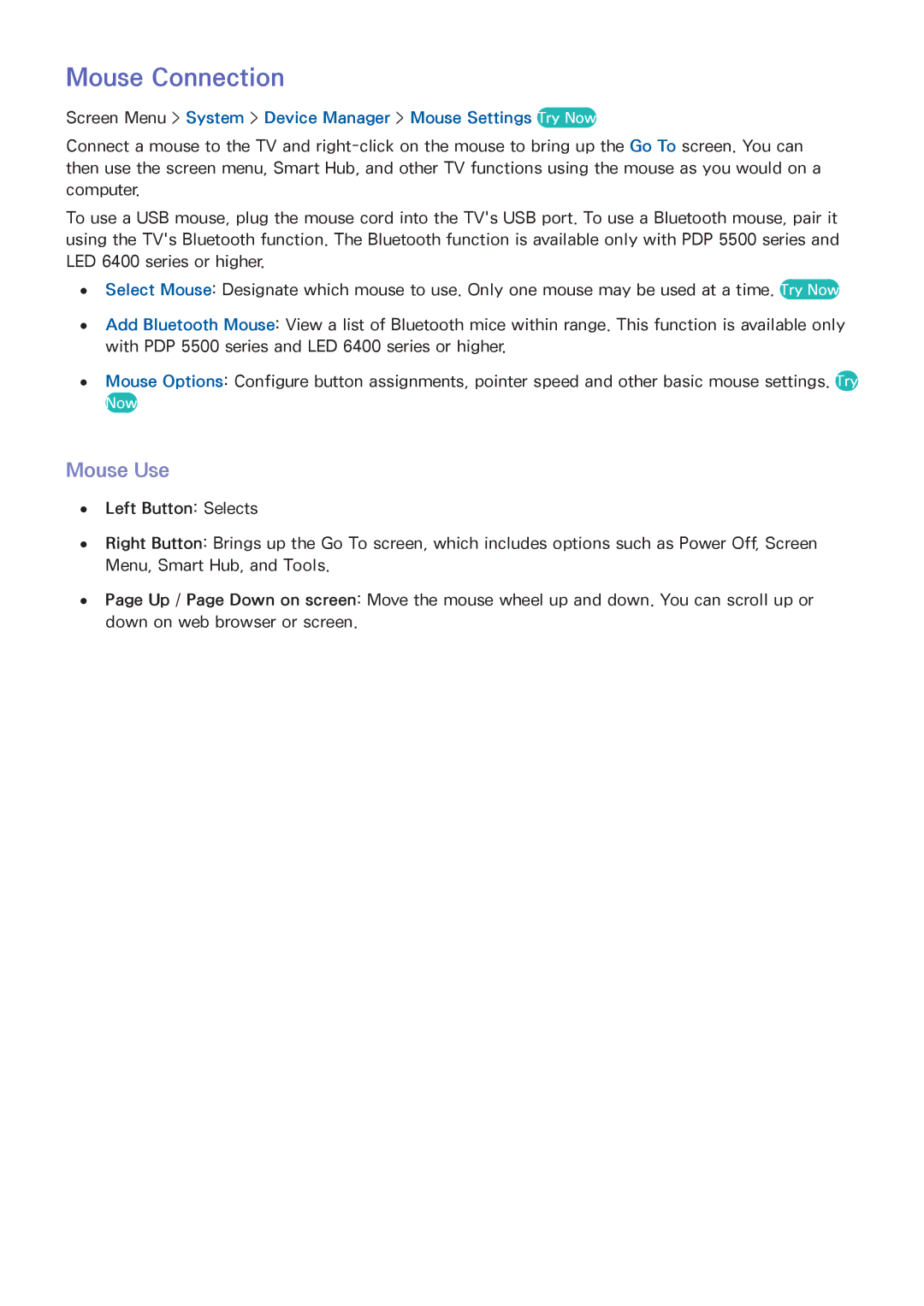 Samsung PN51F5500, PN60F5500 manual Mouse Connection, Mouse Use, Screen Menu System Device Manager Mouse Settings Try Now 