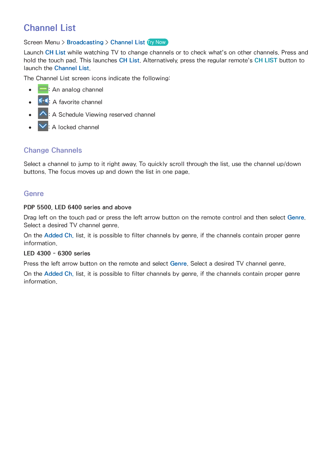 Samsung PN60F5500, PN64F5500, PN51F5500 manual Genre, Screen Menu Broadcasting Channel List Try Now 