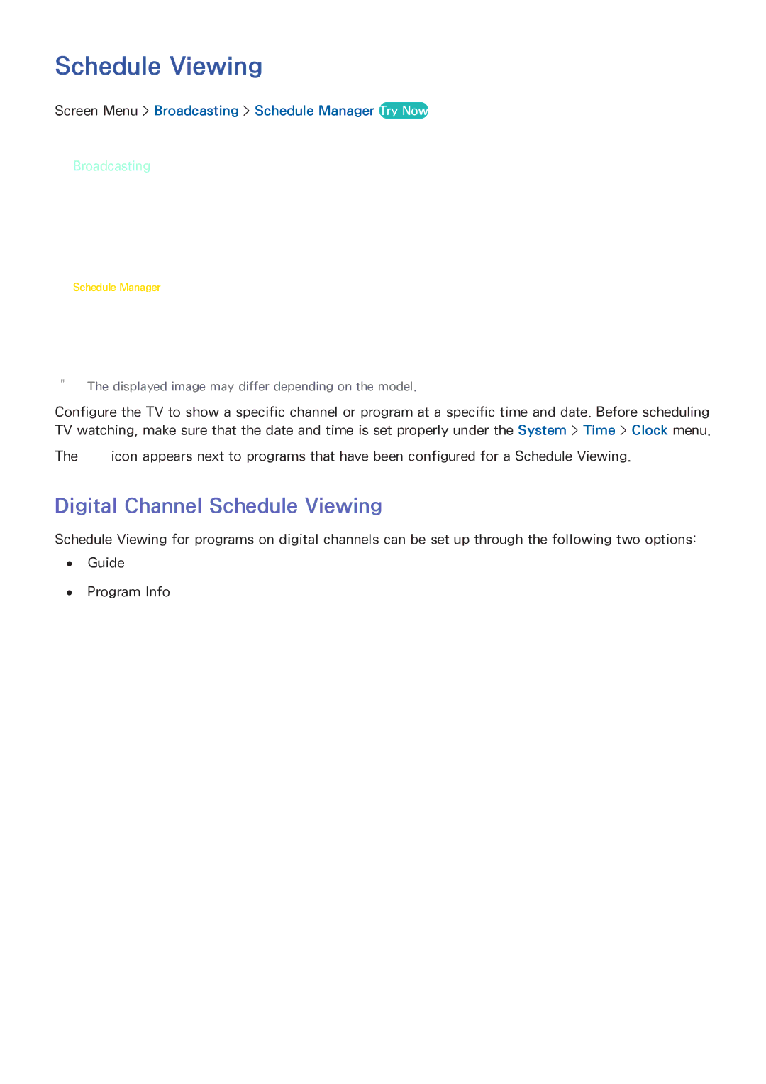 Samsung PN51F5500, PN60F5500 manual Digital Channel Schedule Viewing, Screen Menu Broadcasting Schedule Manager Try Now 