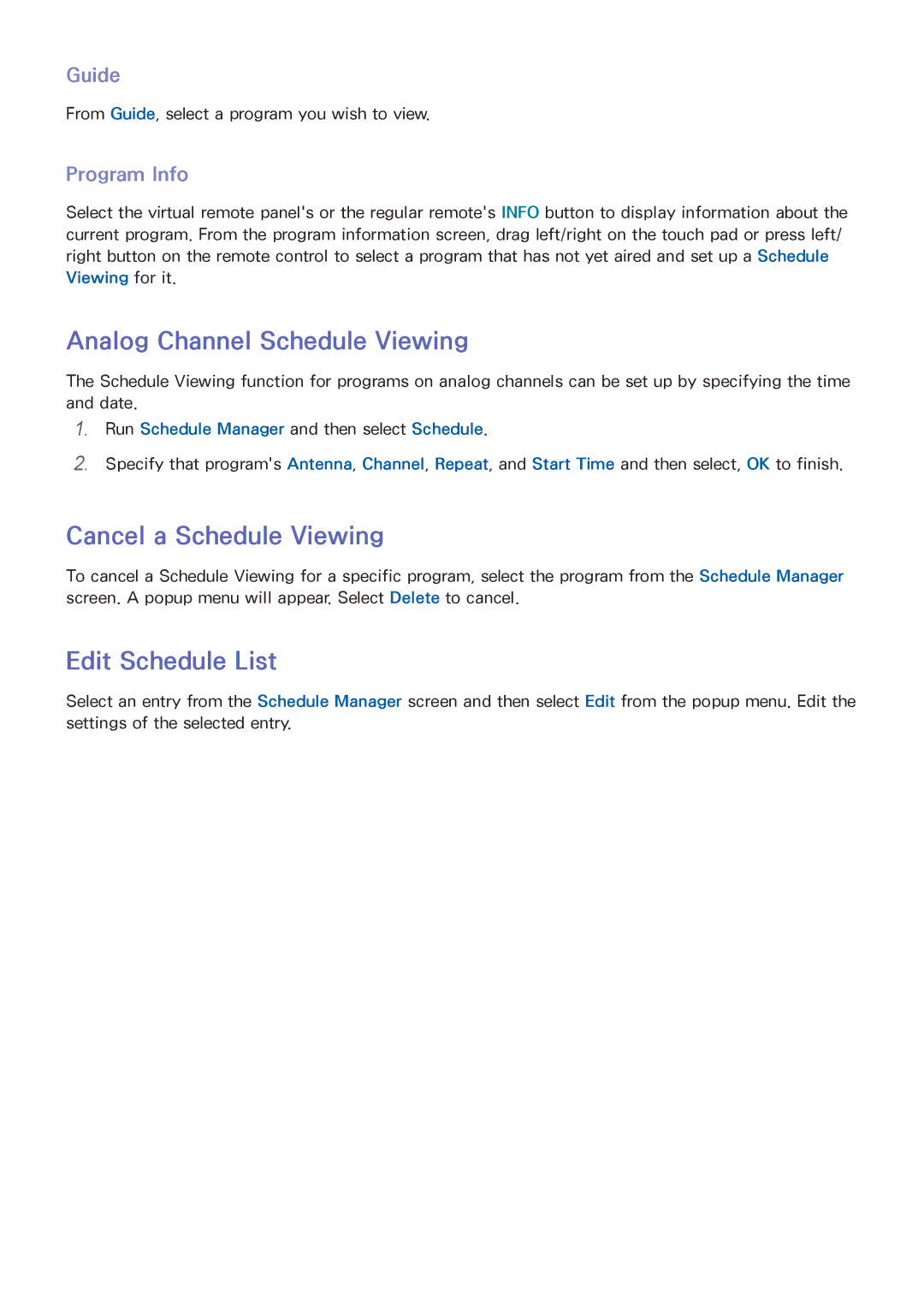 Samsung PN60F5500 Analog Channel Schedule Viewing, Cancel a Schedule Viewing, Edit Schedule List, Guide, Program Info 