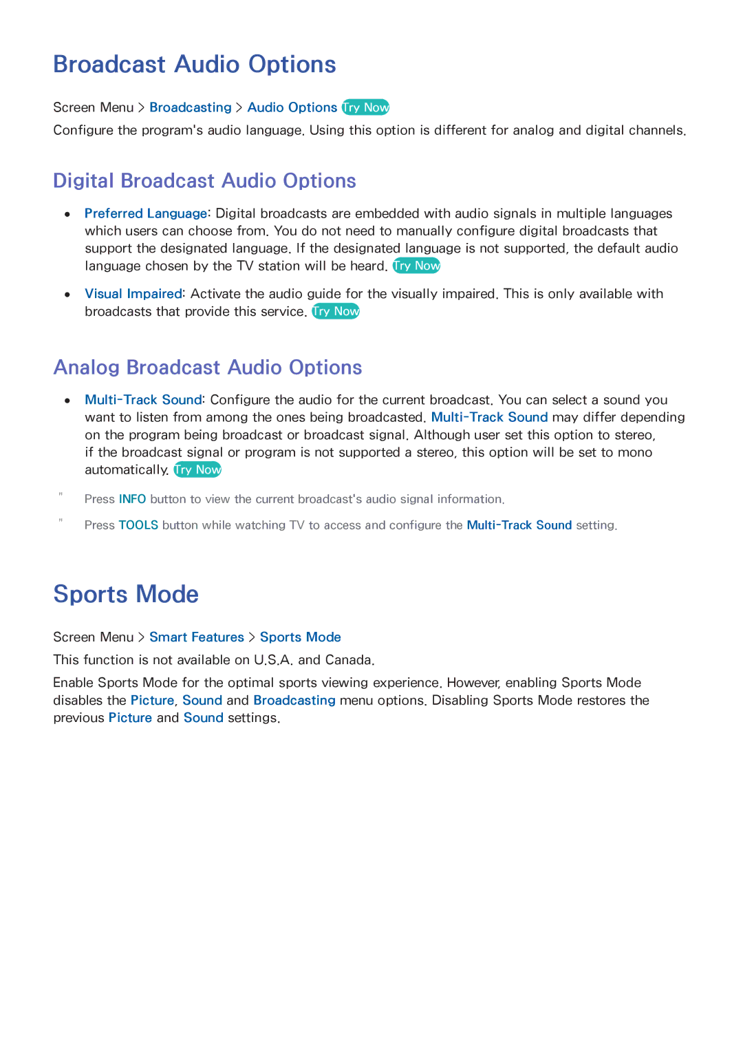 Samsung PN60F5500, PN64F5500, PN51F5500 Sports Mode, Digital Broadcast Audio Options, Analog Broadcast Audio Options 