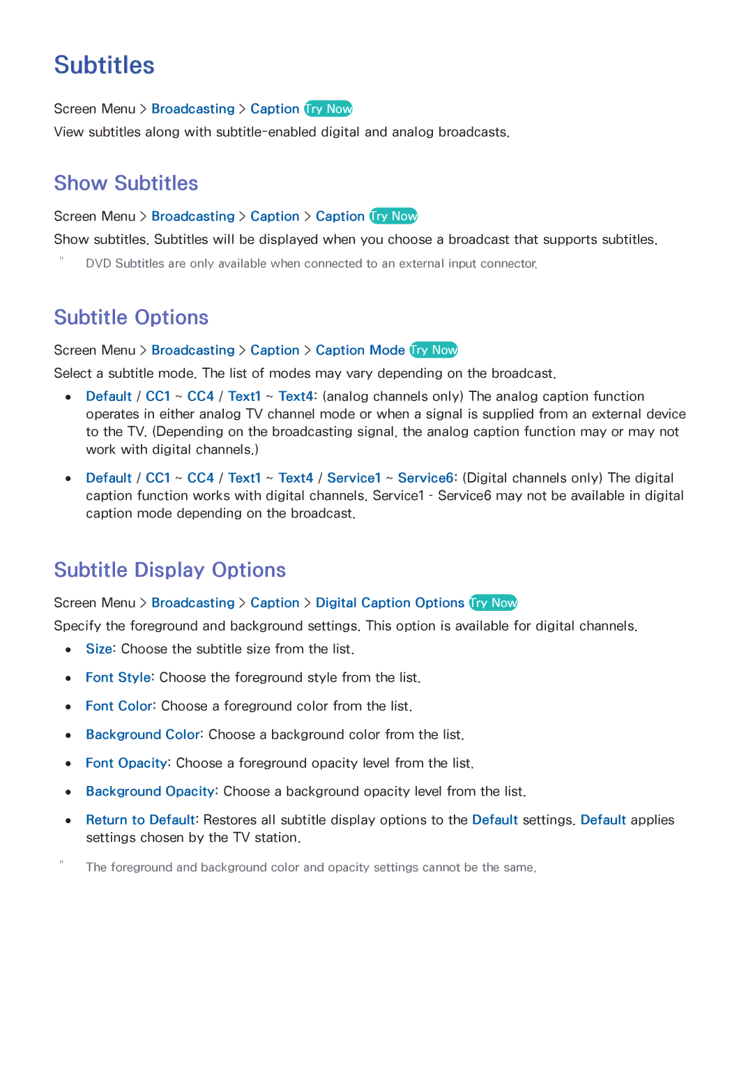 Samsung PN64F5500, PN60F5500, PN51F5500 manual Show Subtitles, Subtitle Options, Subtitle Display Options 