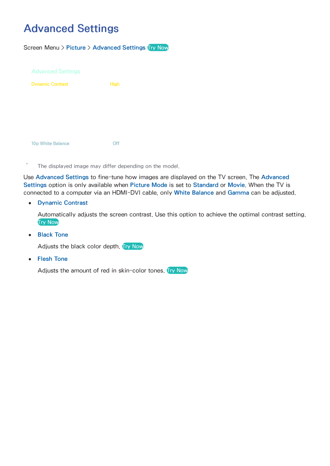 Samsung PN60F5500, PN64F5500 Screen Menu Picture Advanced Settings Try Now, Dynamic Contrast, Black Tone, Flesh Tone 