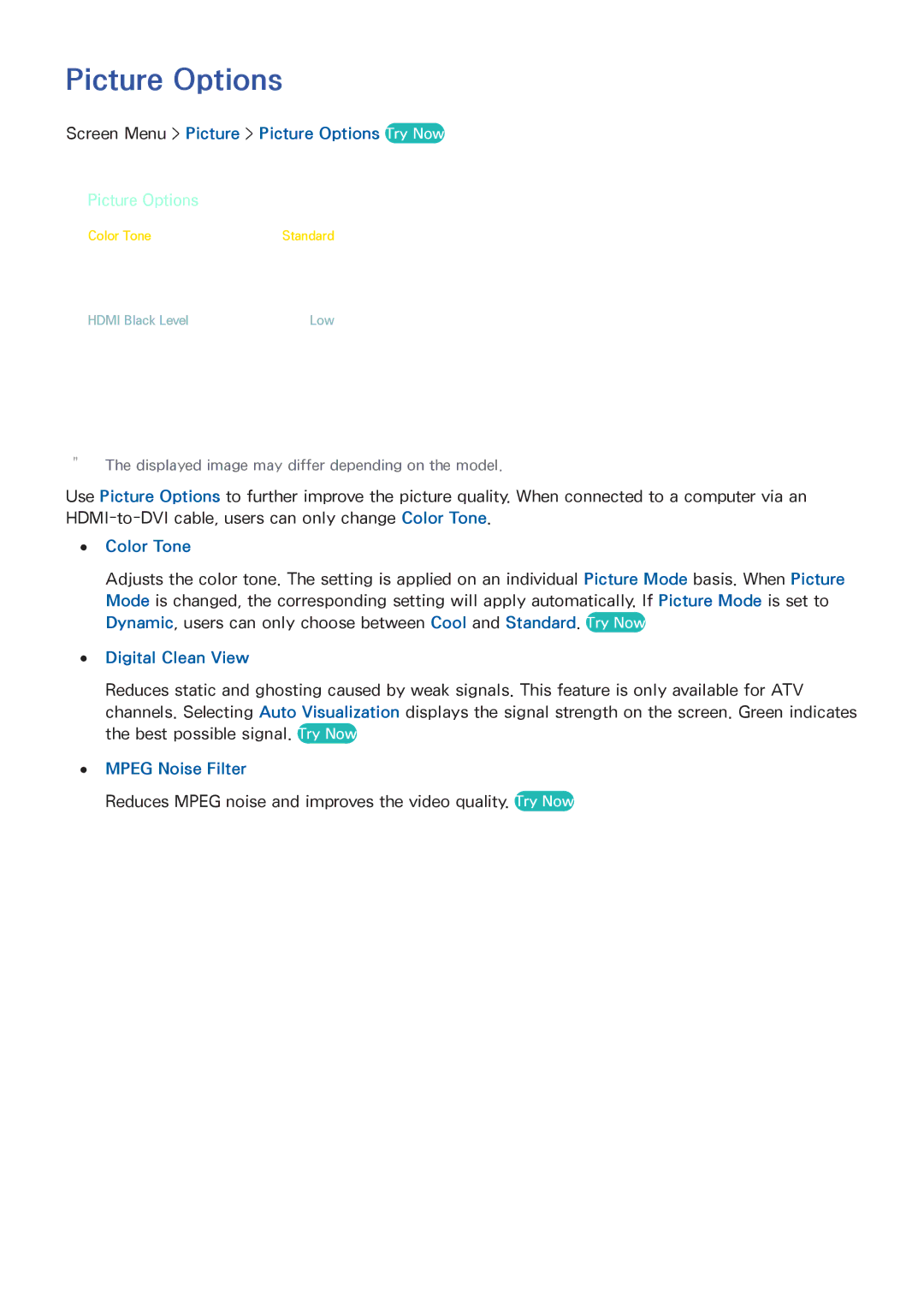 Samsung PN51F5500 manual Screen Menu Picture Picture Options Try Now, Color Tone, Digital Clean View, Mpeg Noise Filter 