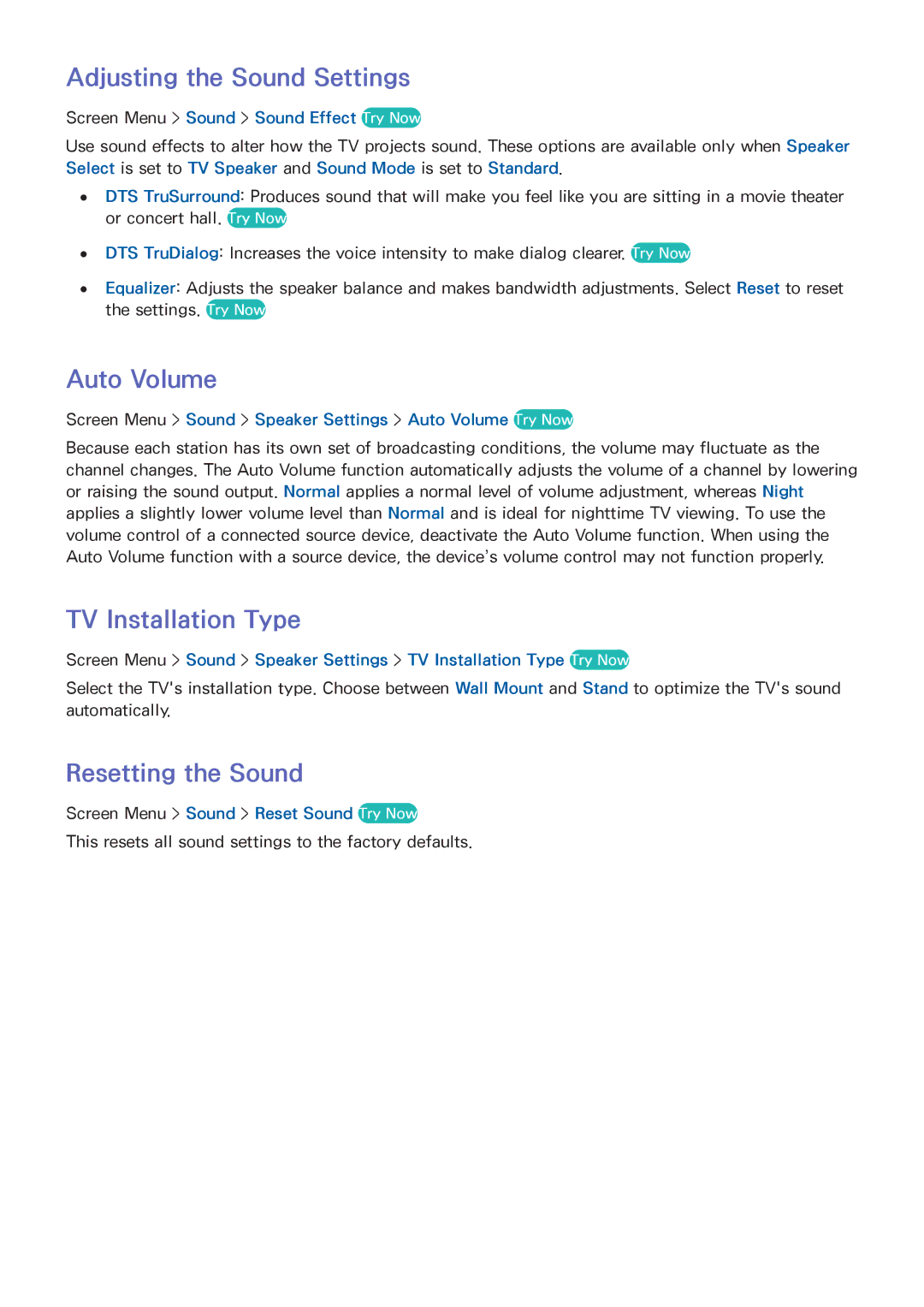 Samsung PN51F5500, PN60F5500 manual Adjusting the Sound Settings, Auto Volume, TV Installation Type, Resetting the Sound 