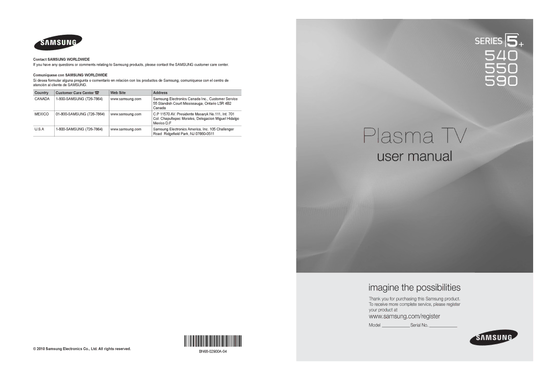 Samsung PN63C540, PN63C550, PN63C590 user manual Samsung Electronics Canada Inc., Customer Service 