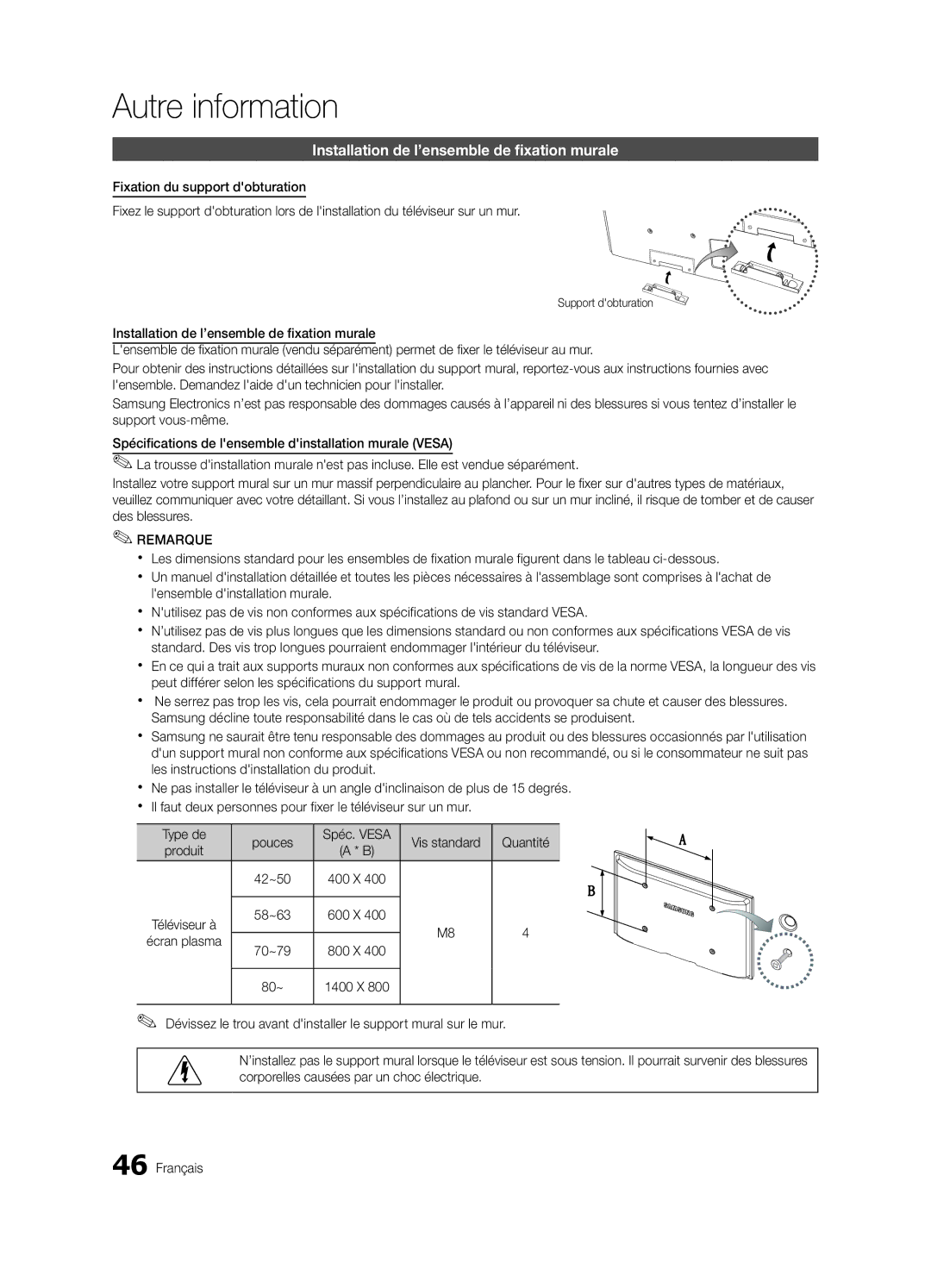 Samsung PN63C540, PN63C550, PN63C590 Autre information, Installation de l’ensemble de fixation murale, Écran plasma 