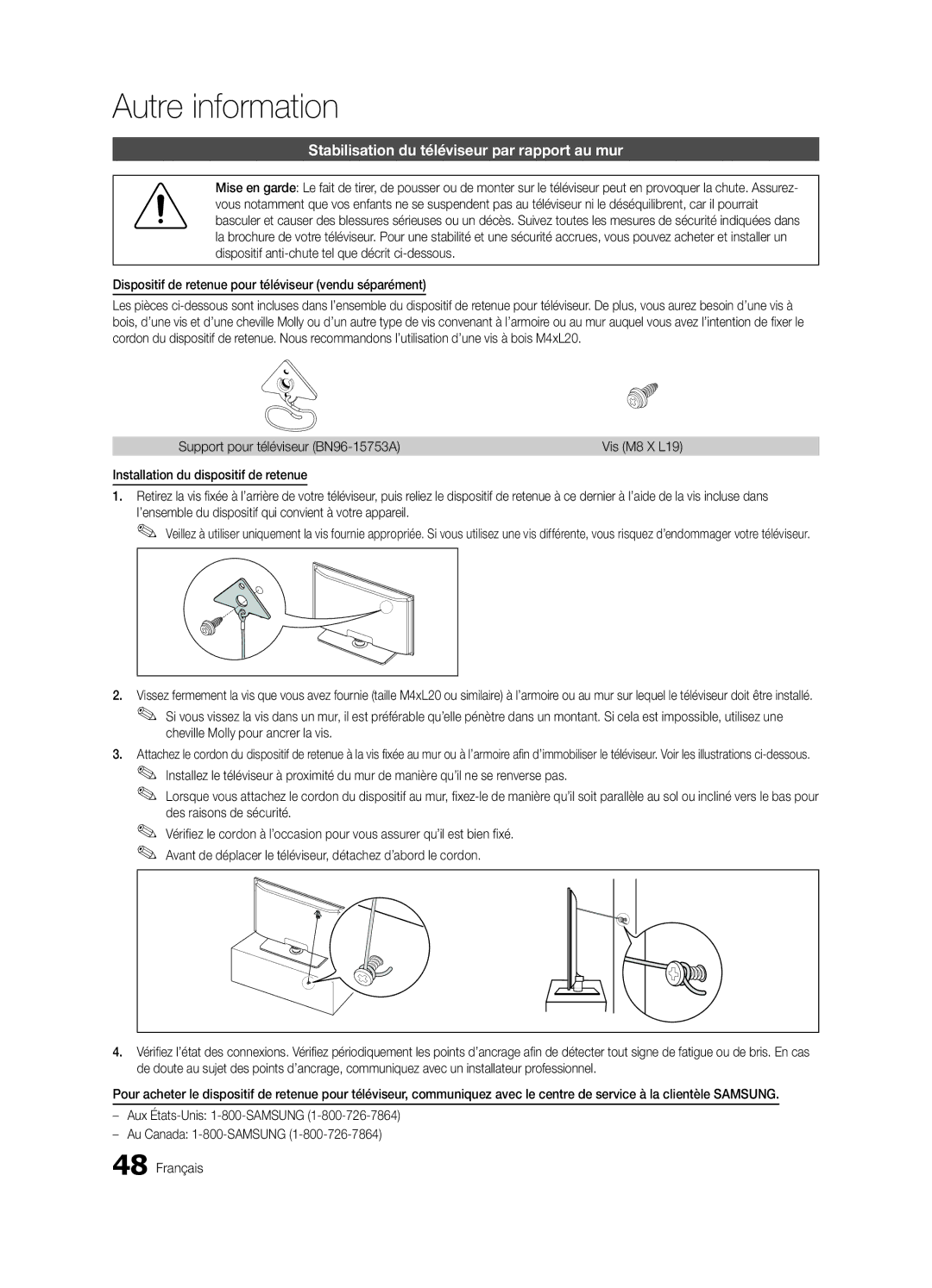 Samsung PN63C550, PN63C540, PN63C590 user manual Stabilisation du téléviseur par rapport au mur 