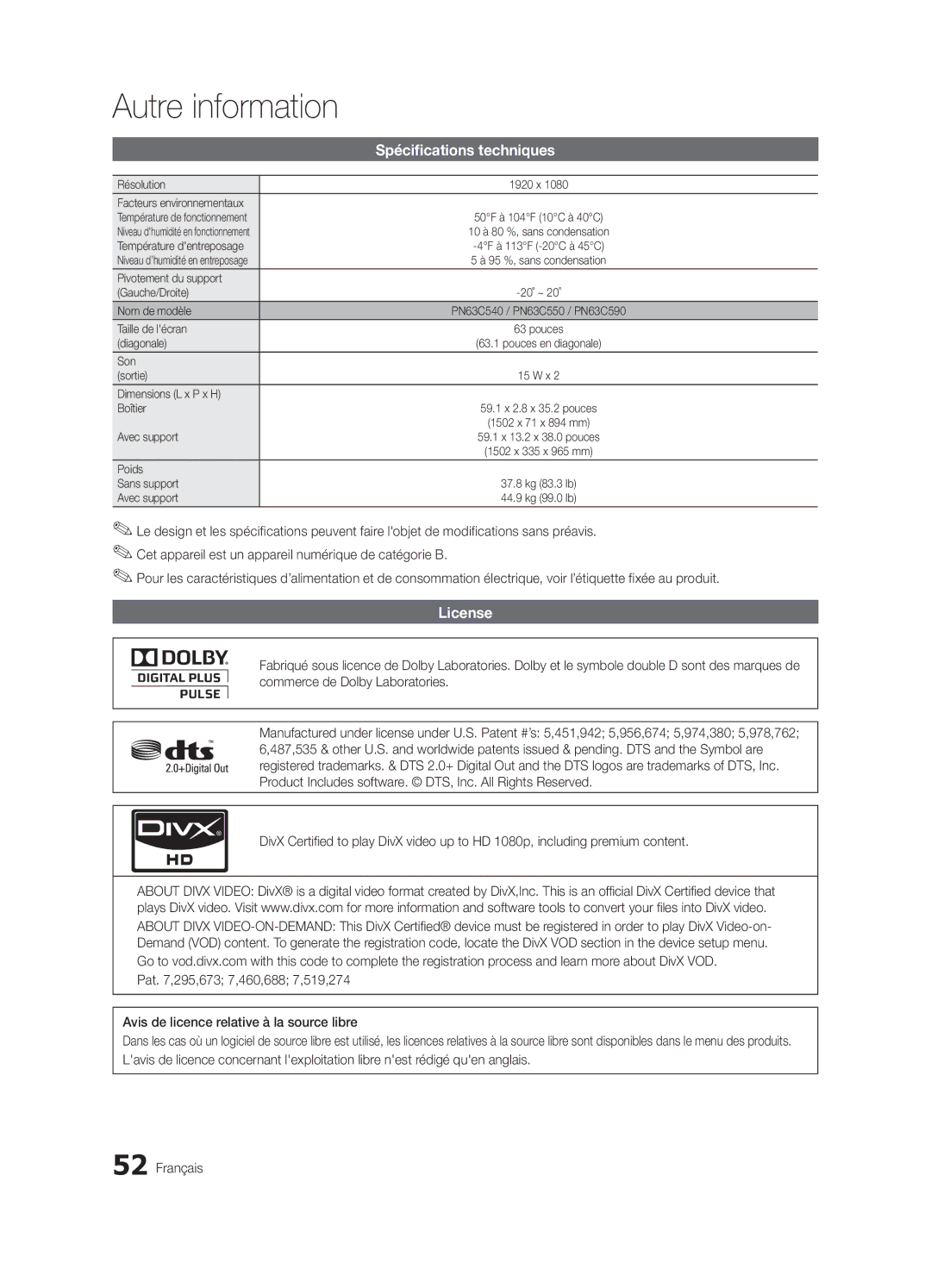 Samsung PN63C540, PN63C550, PN63C590 user manual Spécifications techniques 