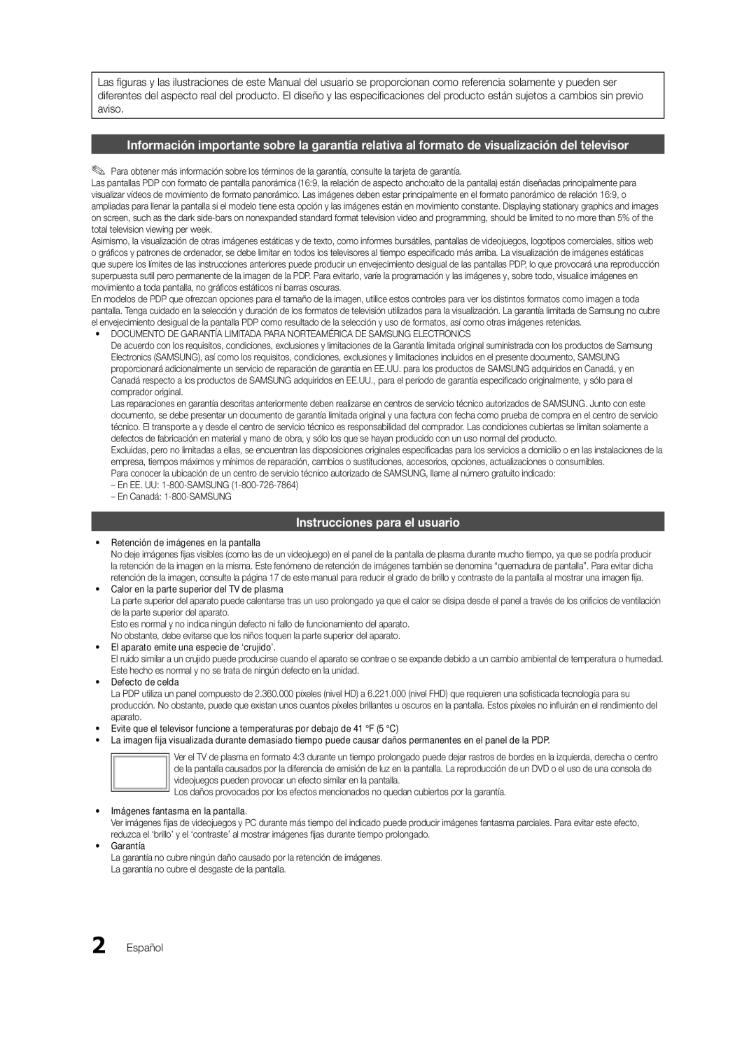 Samsung PN63C590, PN63C550, PN63C540 user manual Instrucciones para el usuario, Español, Retención de imágenes en la pantalla 