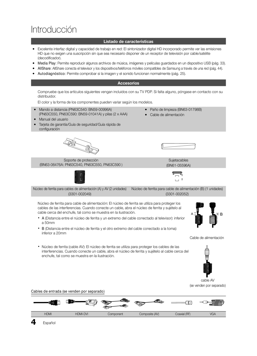 Samsung PN63C540, PN63C550, PN63C590 user manual Introducción, Listado de características, Accesorios 