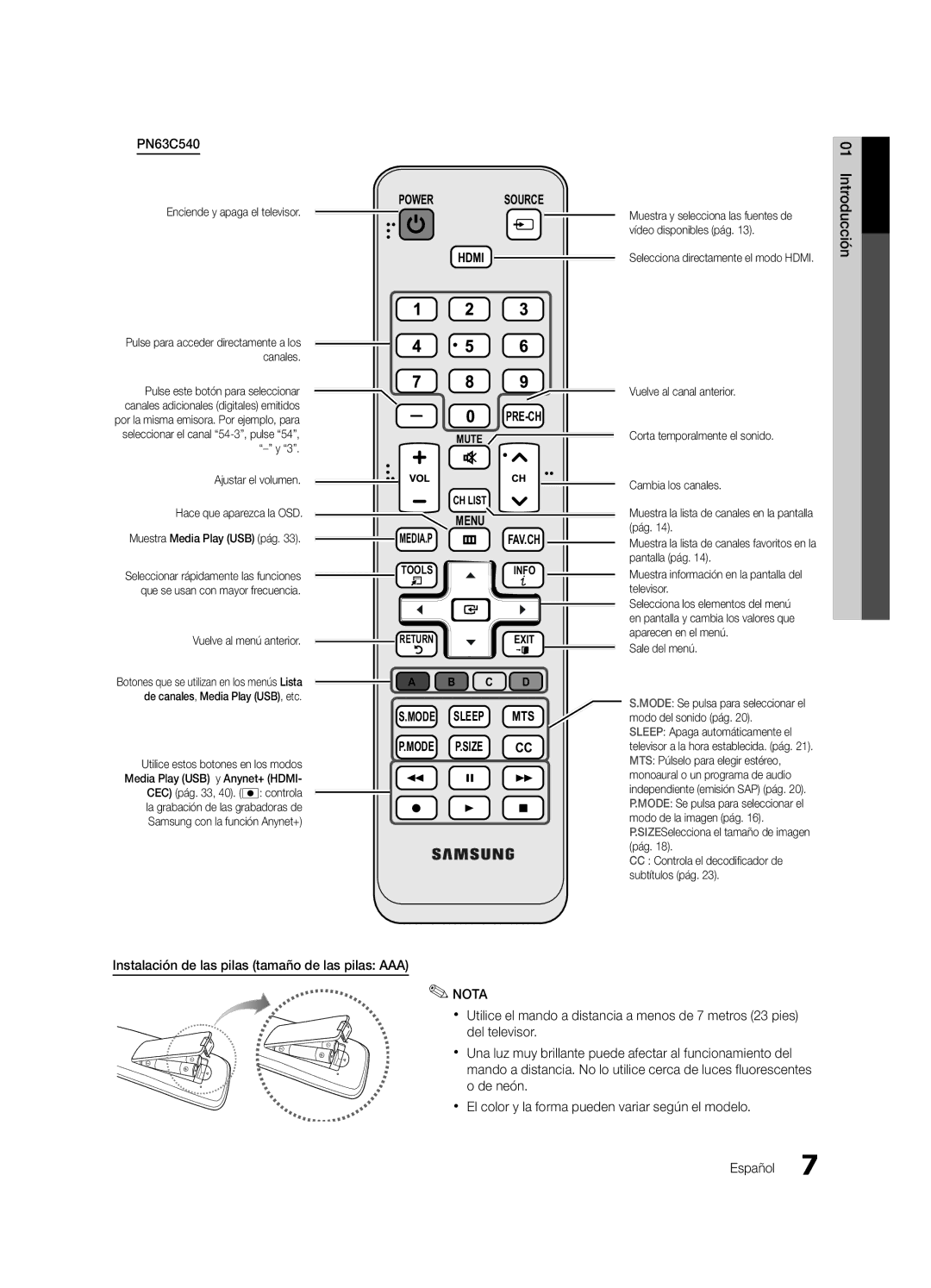 Samsung PN63C540, PN63C550, PN63C590 user manual Nota 