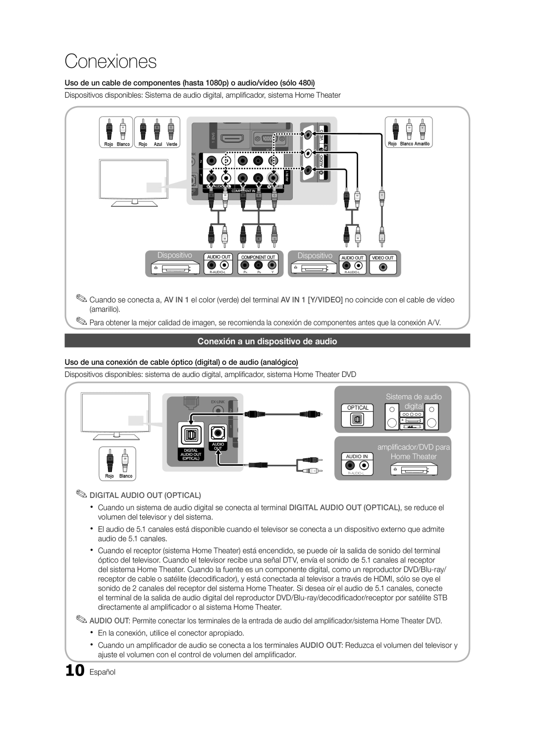 Samsung PN63C540, PN63C550, PN63C590 user manual Conexión a un dispositivo de audio, Dispositivo Audio OUT 