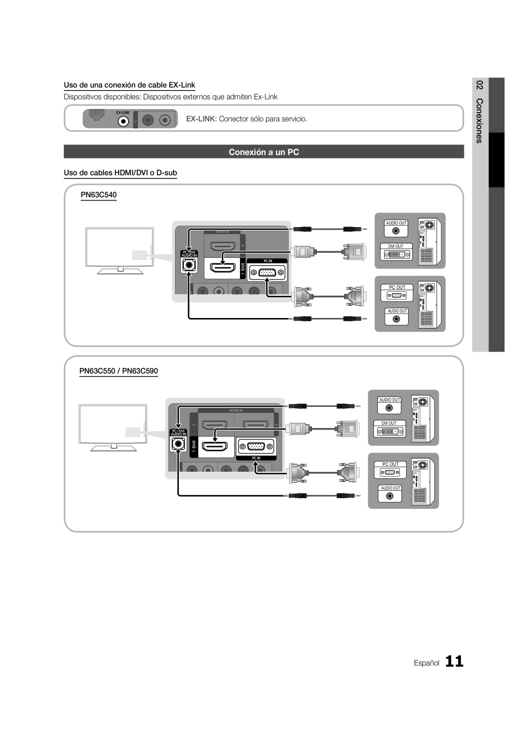 Samsung PN63C590, PN63C550 user manual Conexión a un PC, Uso de cables HDMI/DVI o D-sub PN63C540, Conexiones Español 