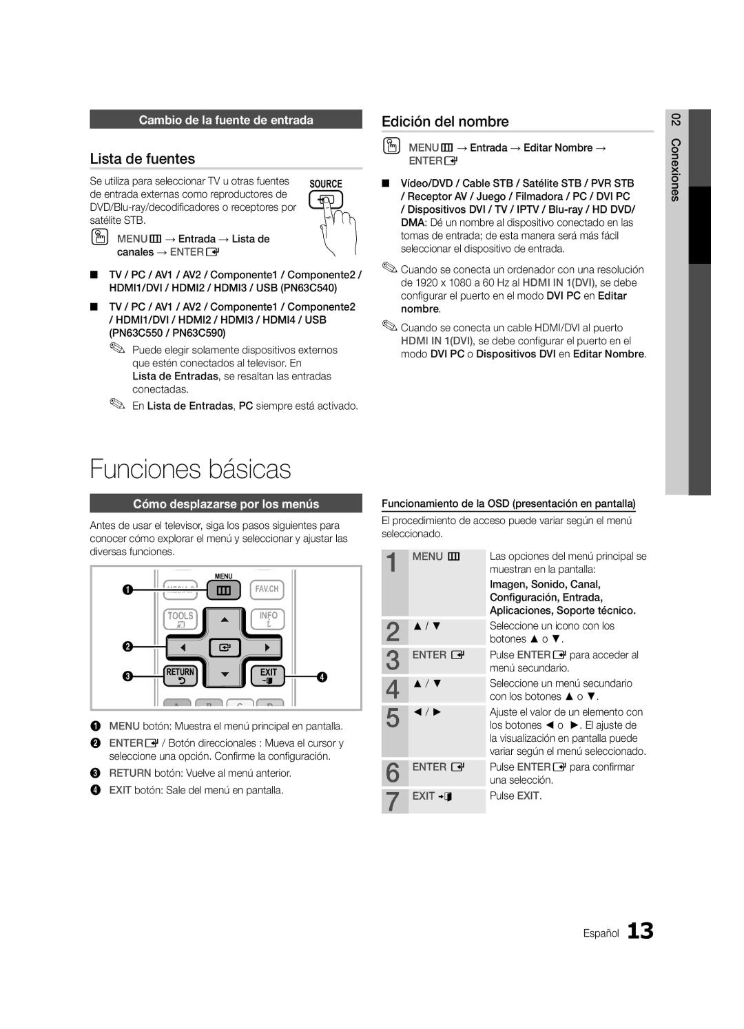 Samsung PN63C540, PN63C550 Funciones básicas, Lista de fuentes, Edición del nombre, Cambio de la fuente de entrada 