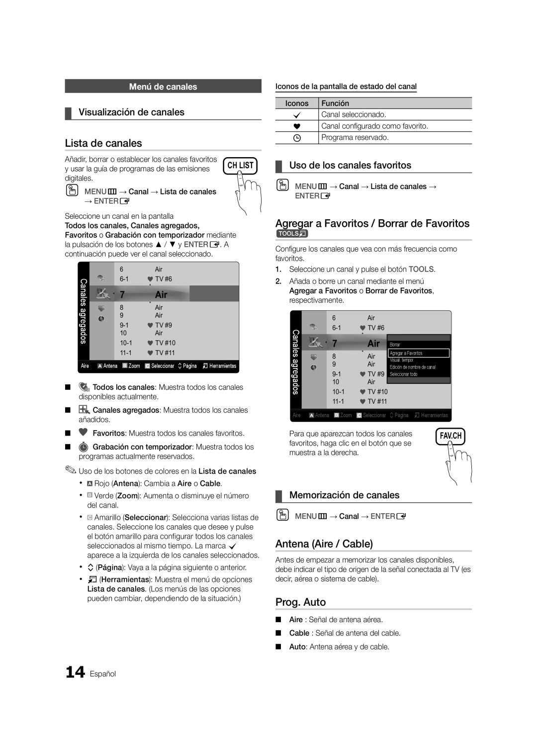 Samsung PN63C590, PN63C550 Lista de canales, Antena Aire / Cable, Visualización de canales, Uso de los canales favoritos 