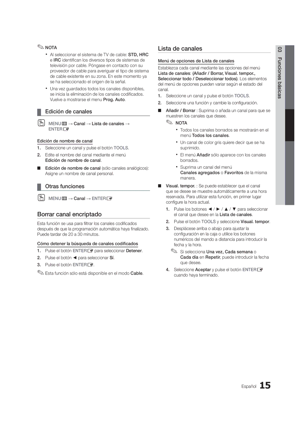 Samsung PN63C550, PN63C540, PN63C590 user manual Borrar canal encriptado, Edición de canales, Otras funciones 