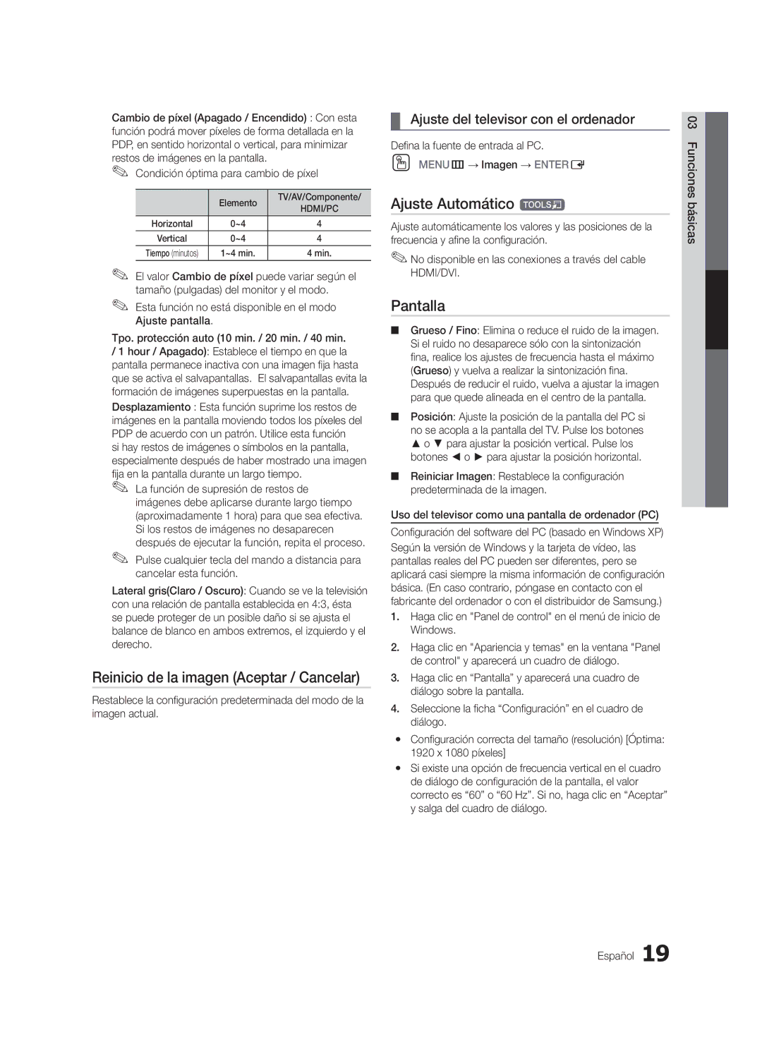 Samsung PN63C540, PN63C550, PN63C590 user manual Reinicio de la imagen Aceptar / Cancelar, Ajuste Automático t, Pantalla 