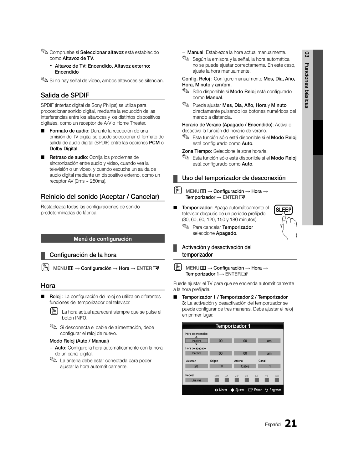 Samsung PN63C550, PN63C540, PN63C590 user manual Salida de Spdif, Reinicio del sonido Aceptar / Cancelar, Hora 