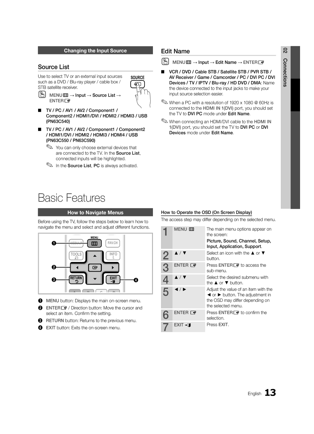 Samsung PN63C540, PN63C550 Basic Features, Source List, Edit Name, Changing the Input Source, How to Navigate Menus 