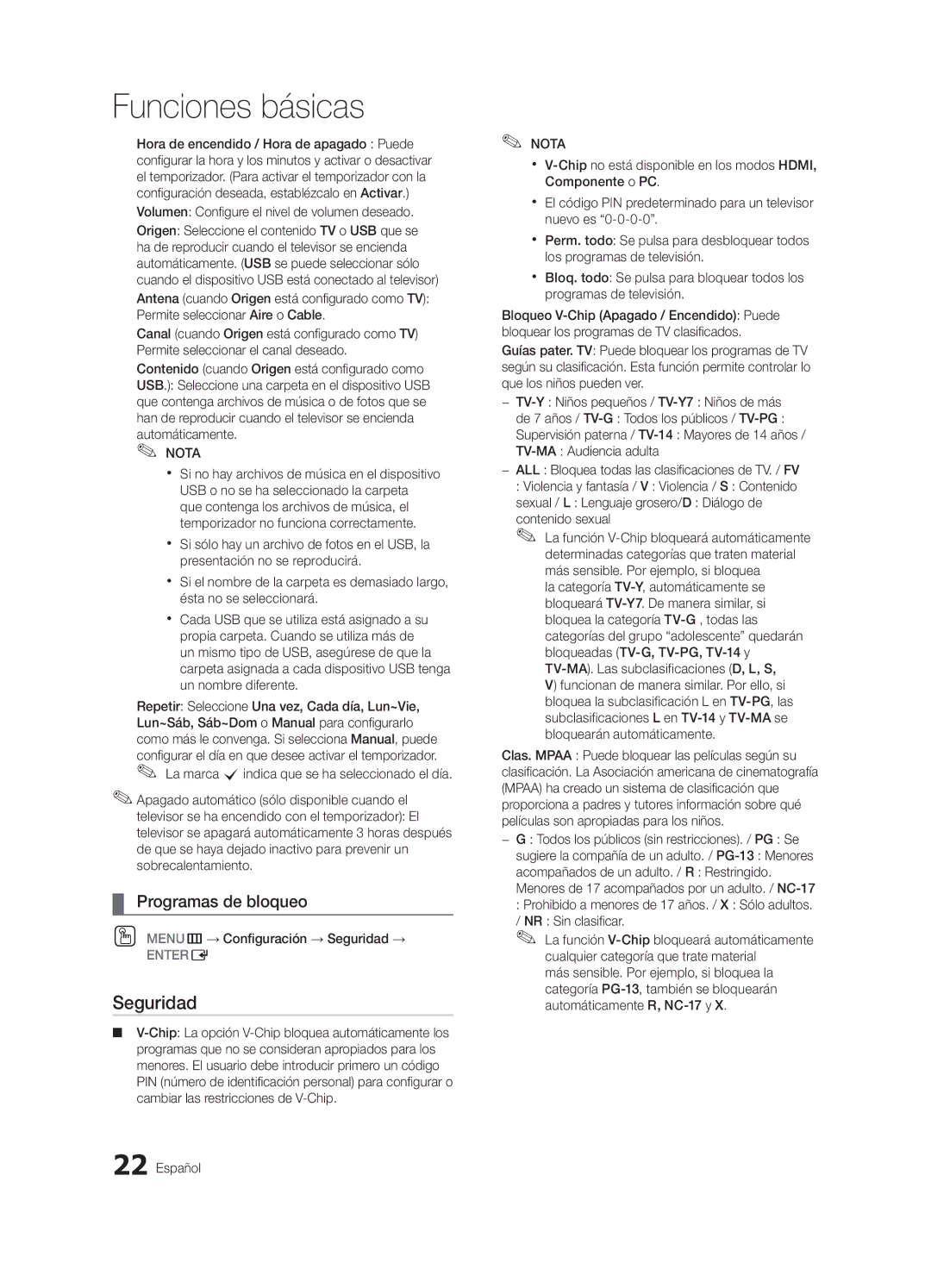 Samsung PN63C540 Seguridad, Programas de bloqueo, Volumen Configure el nivel de volumen deseado, NR Sin clasificar 