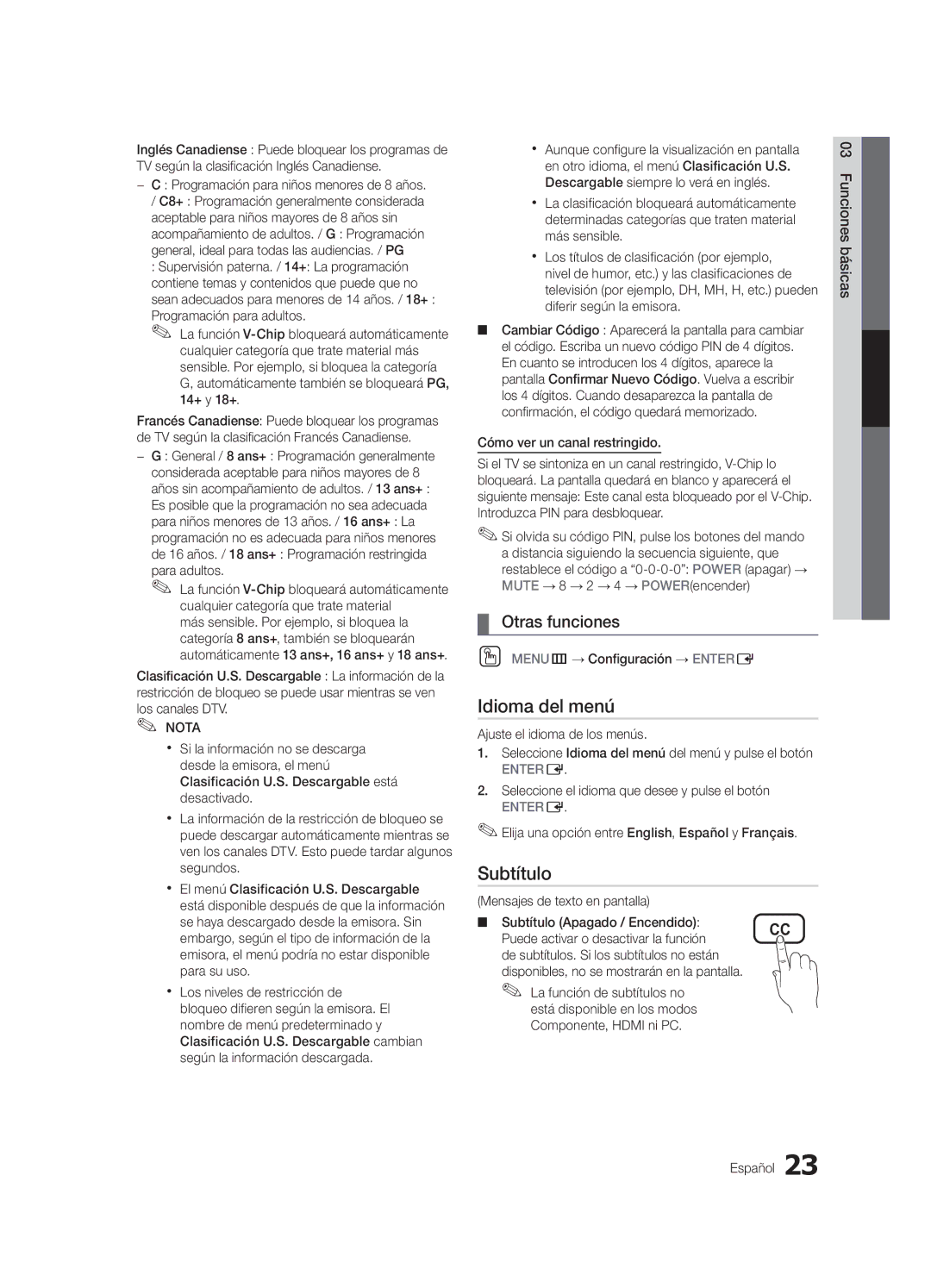 Samsung PN63C590, PN63C550, PN63C540 user manual Idioma del menú, Subtítulo 