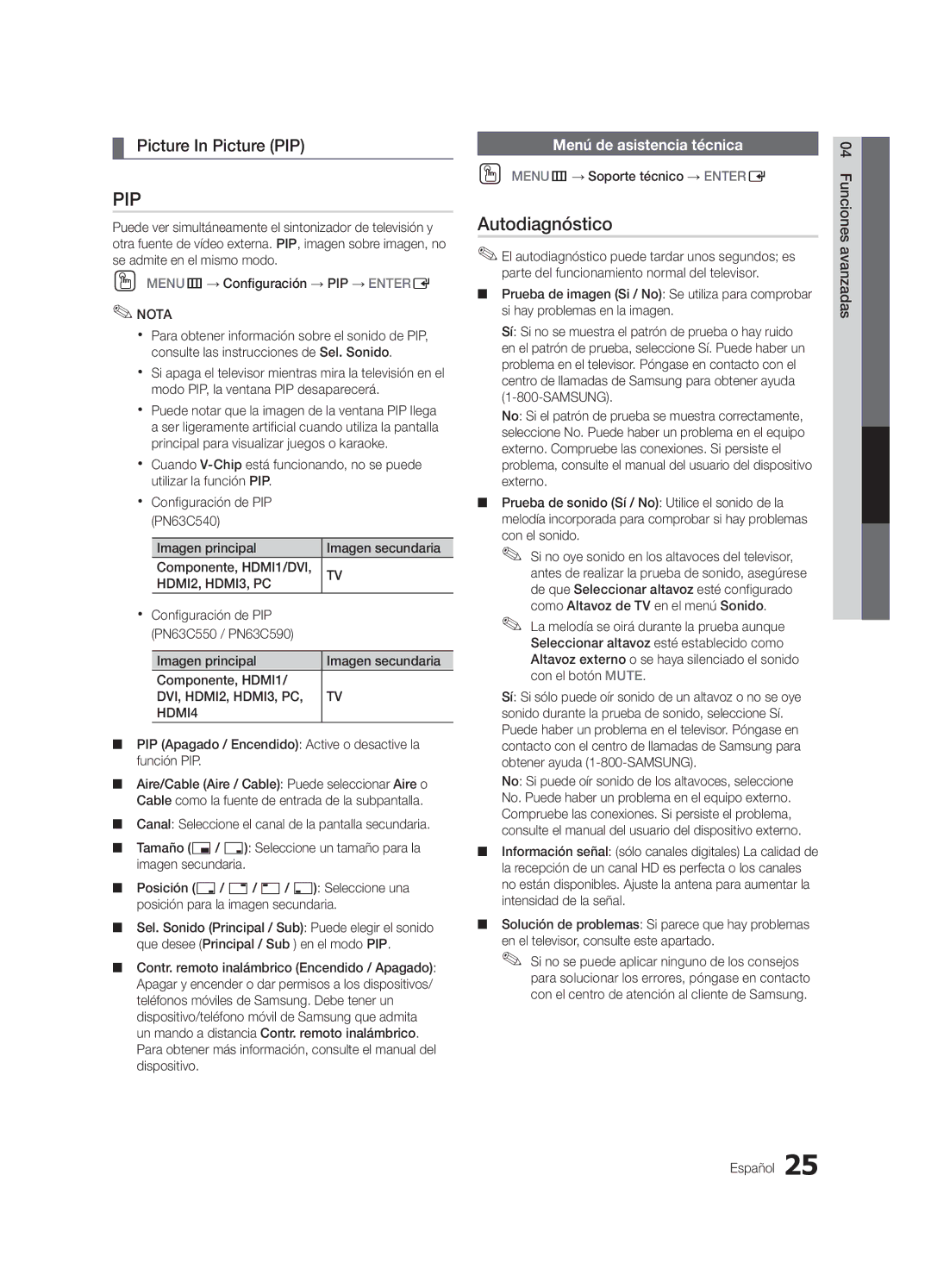 Samsung PN63C540 Autodiagnóstico, Menú de asistencia técnica, PIP Apagado / Encendido Active o desactive la función PIP 