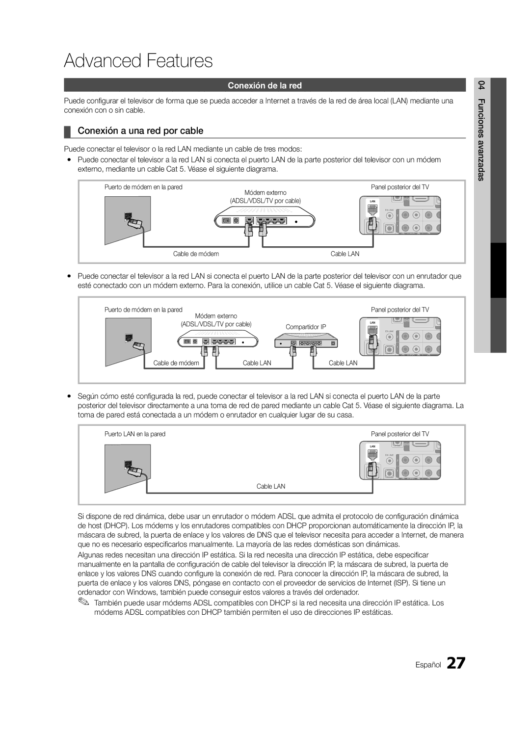 Samsung PN63C550, PN63C540, PN63C590 user manual Conexión a una red por cable, Conexión de la red 