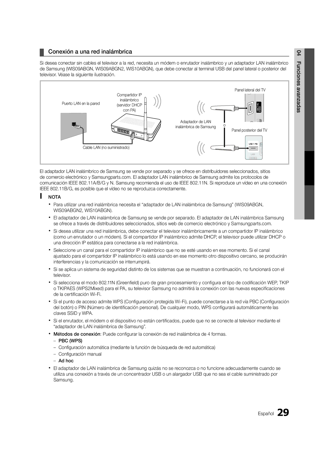 Samsung PN63C590, PN63C550, PN63C540 user manual Conexión a una red inalámbrica, Cable LAN no suministrado 