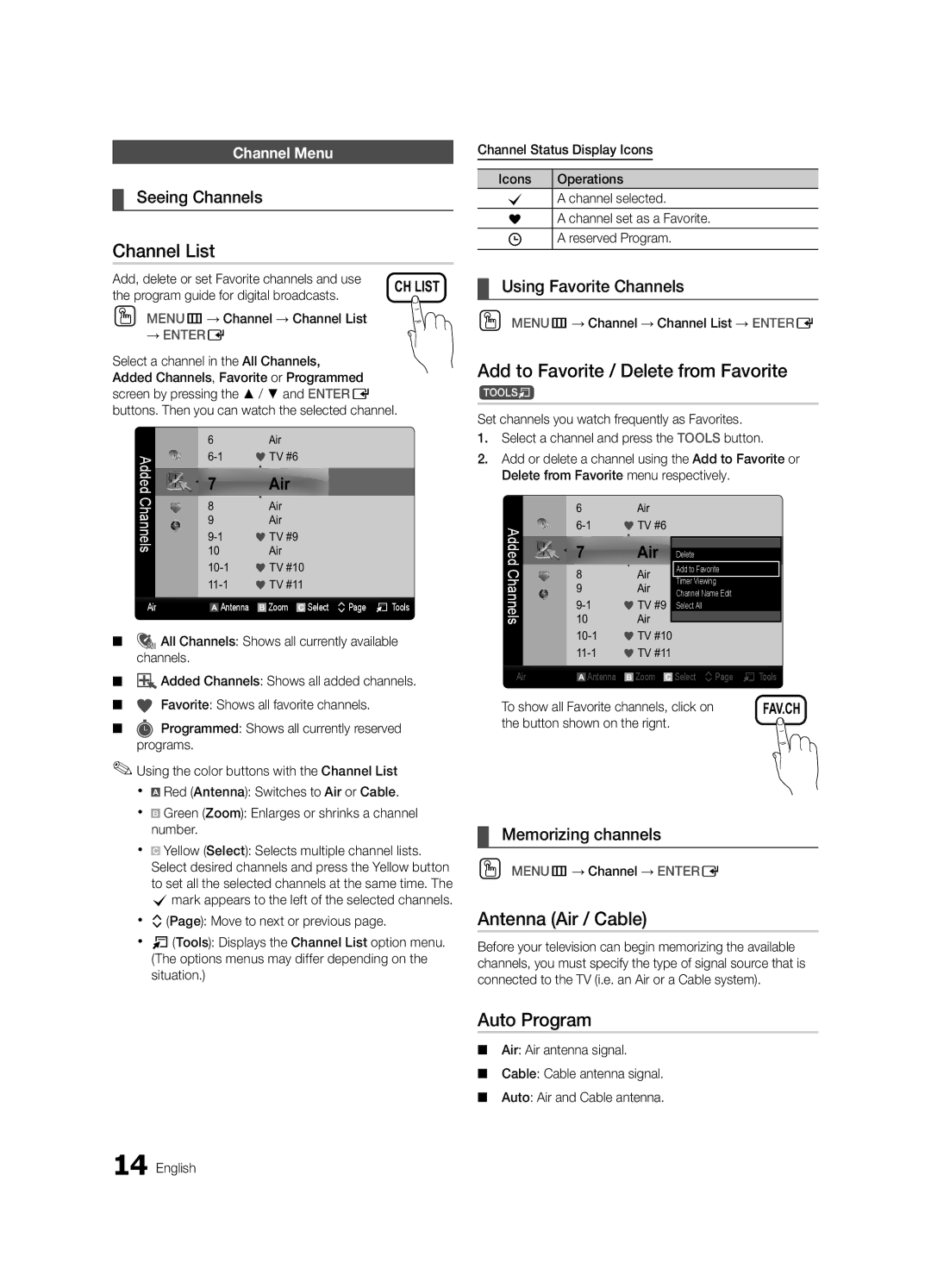 Samsung PN63C590, PN63C550 Channel List, Add to Favorite / Delete from Favorite, Antenna Air / Cable, Auto Program 