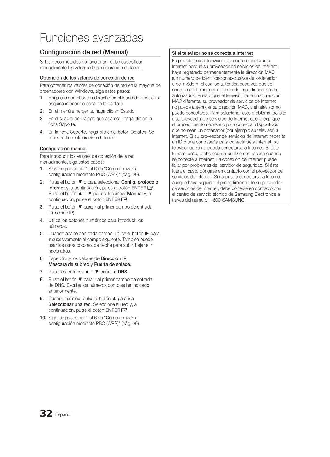 Samsung PN63C590, PN63C550, PN63C540 user manual Configuración de red Manual, Si el televisor no se conecta a Internet 