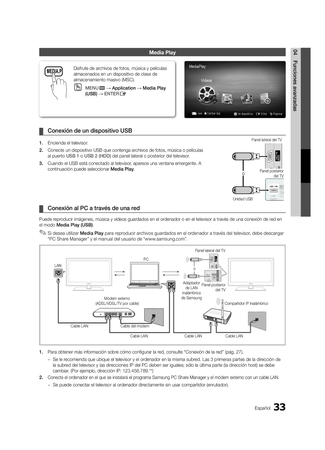 Samsung PN63C550, PN63C540, PN63C590 user manual Conexión de un dispositivo USB, Conexión al PC a través de una red 