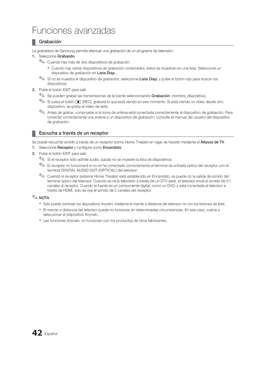 Samsung PN63C550, PN63C540, PN63C590 user manual Grabación, Escucha a través de un receptor 