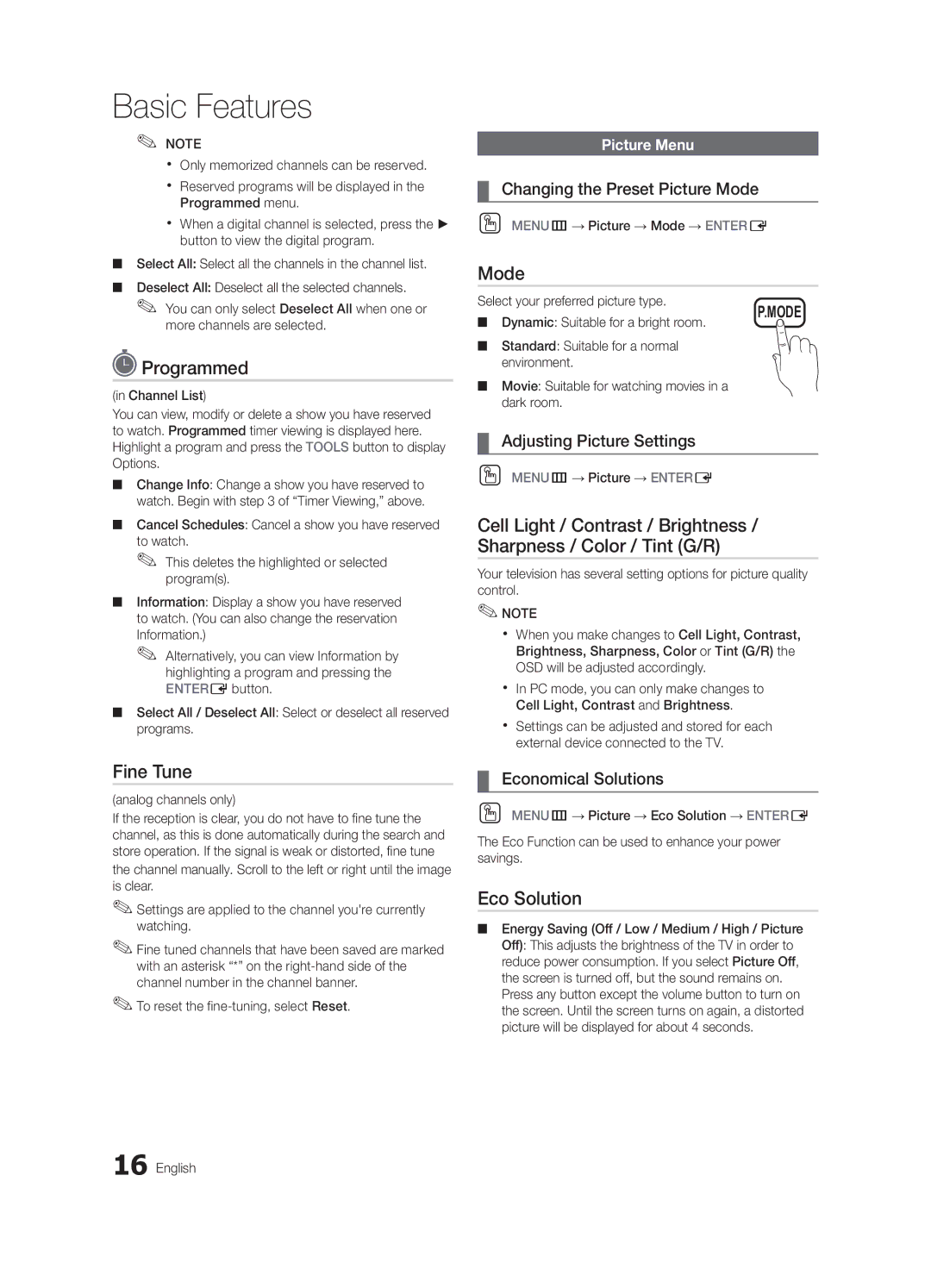 Samsung PN63C540, PN63C550, PN63C590 user manual Programmed, Fine Tune, Mode, Eco Solution 