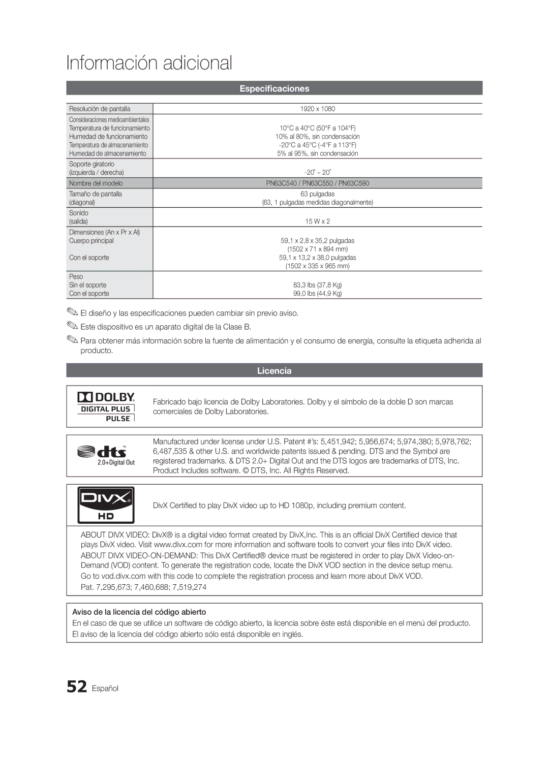 Samsung PN63C540, PN63C550, PN63C590 user manual Especificaciones, Licencia 