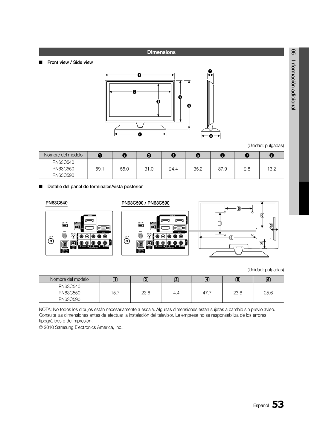 Samsung PN63C590 user manual Front view / Side view Unidad pulgadas Nombre del modelo, PN63C540 PN63C550 