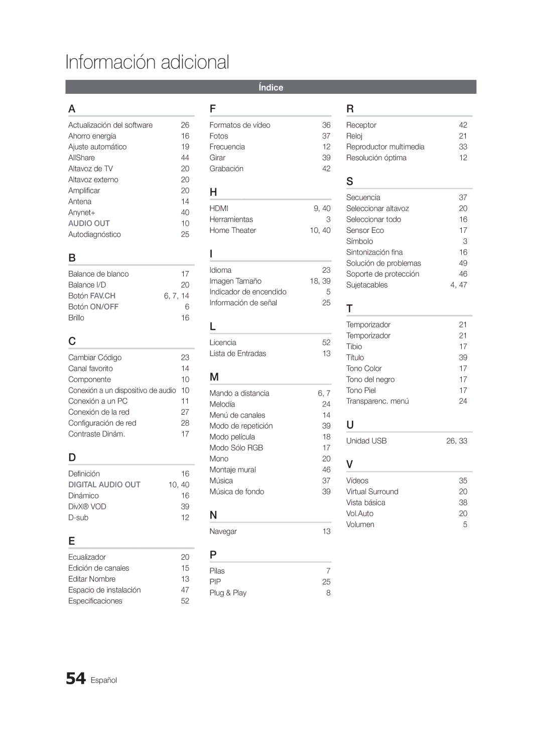 Samsung PN63C550, PN63C540, PN63C590 user manual Índice 