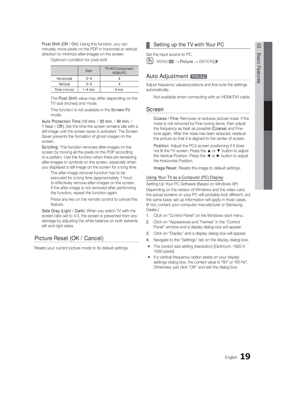 Samsung PN63C540, PN63C550, PN63C590 Picture Reset OK / Cancel, Auto Adjustment t, Screen, Setting up the TV with Your PC 