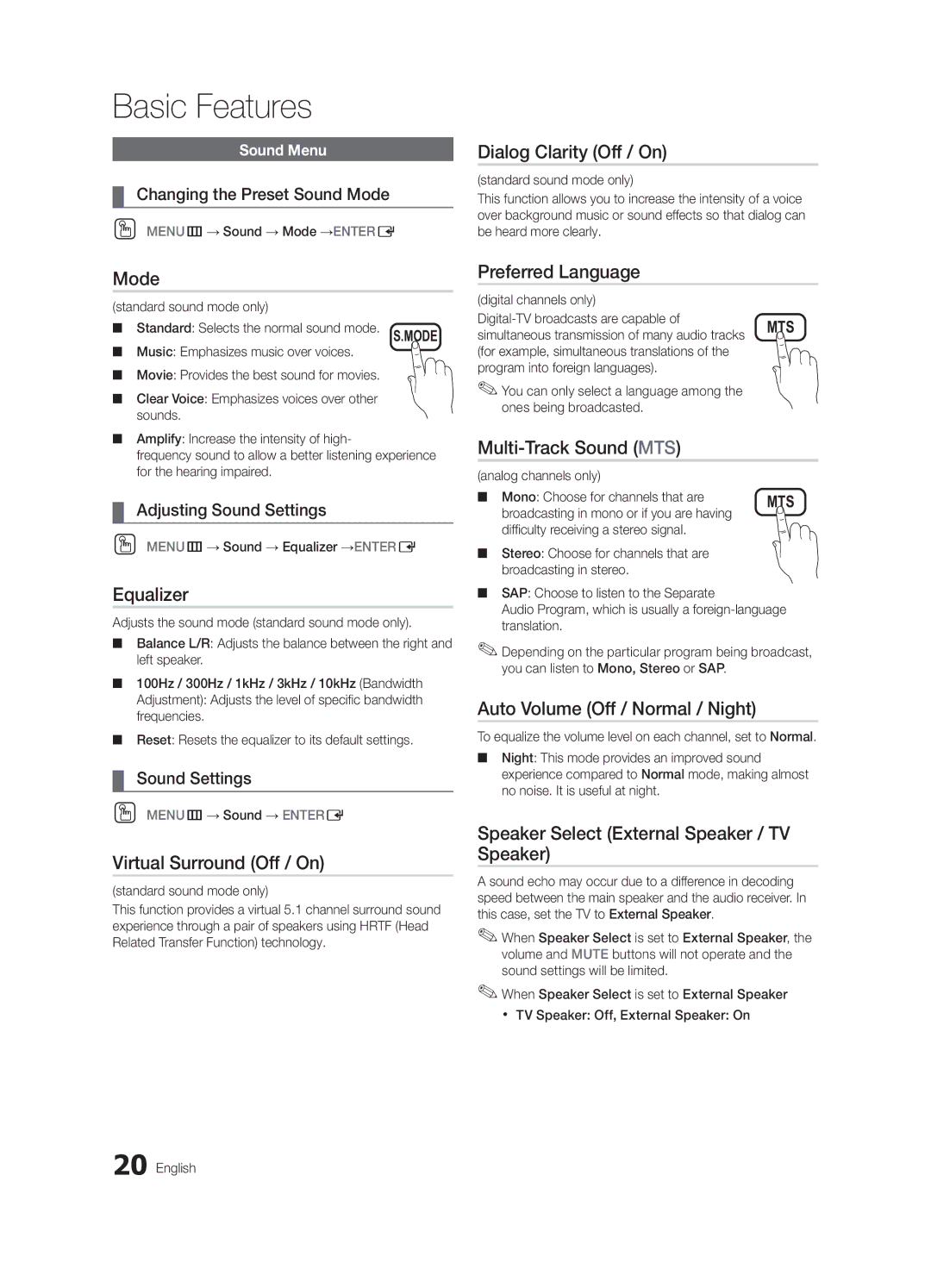 Samsung PN63C590 Dialog Clarity Off / On, Equalizer, Virtual Surround Off / On, Preferred Language, Multi-Track Sound MTS 