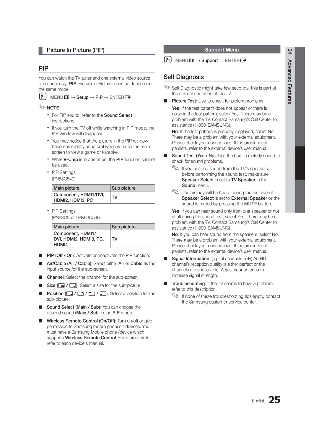 Samsung PN63C540 Self Diagnosis, Picture In Picture PIP, Support Menu, Main picture Sub picture Component, HDMI1/DVI 