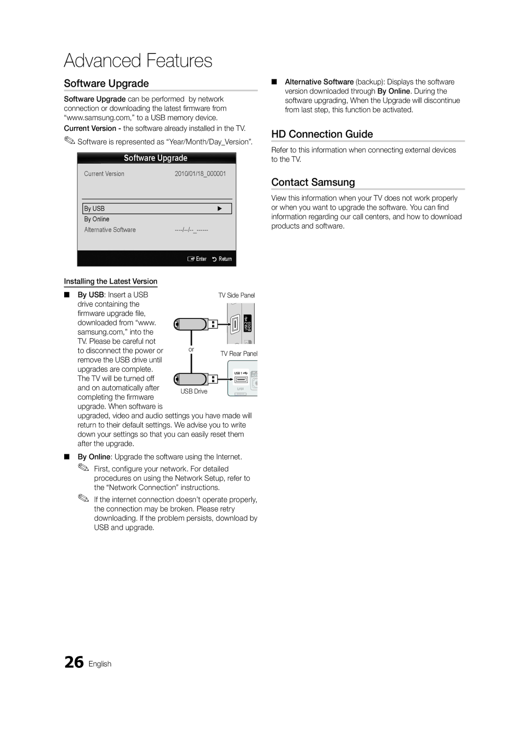 Samsung PN63C590, PN63C550, PN63C540 user manual Advanced Features, Software Upgrade, HD Connection Guide, Contact Samsung 