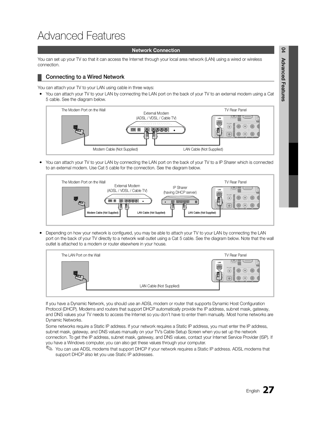 Samsung PN63C550 Connecting to a Wired Network, Network Connection, Modem Port on the Wall, LAN Cable Not Supplied 