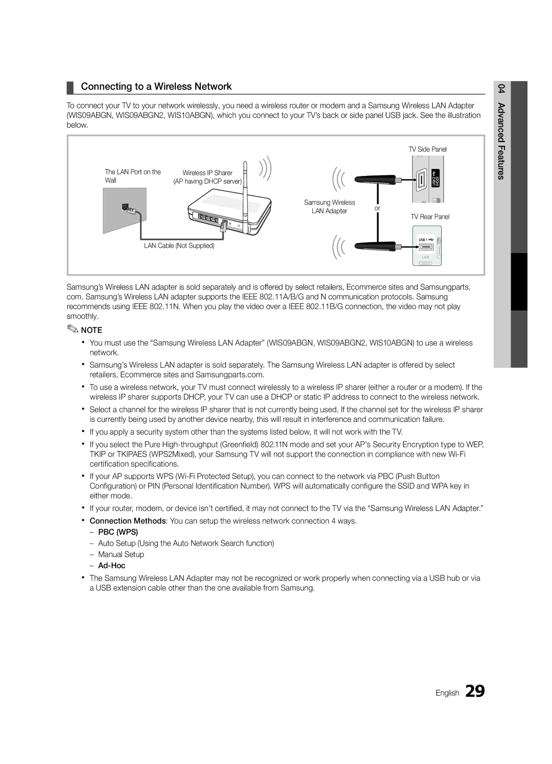 Samsung PN63C590, PN63C550, PN63C540 Connecting to a Wireless Network, LAN Port on the Wall TV Side Panel, Samsung Wireless 