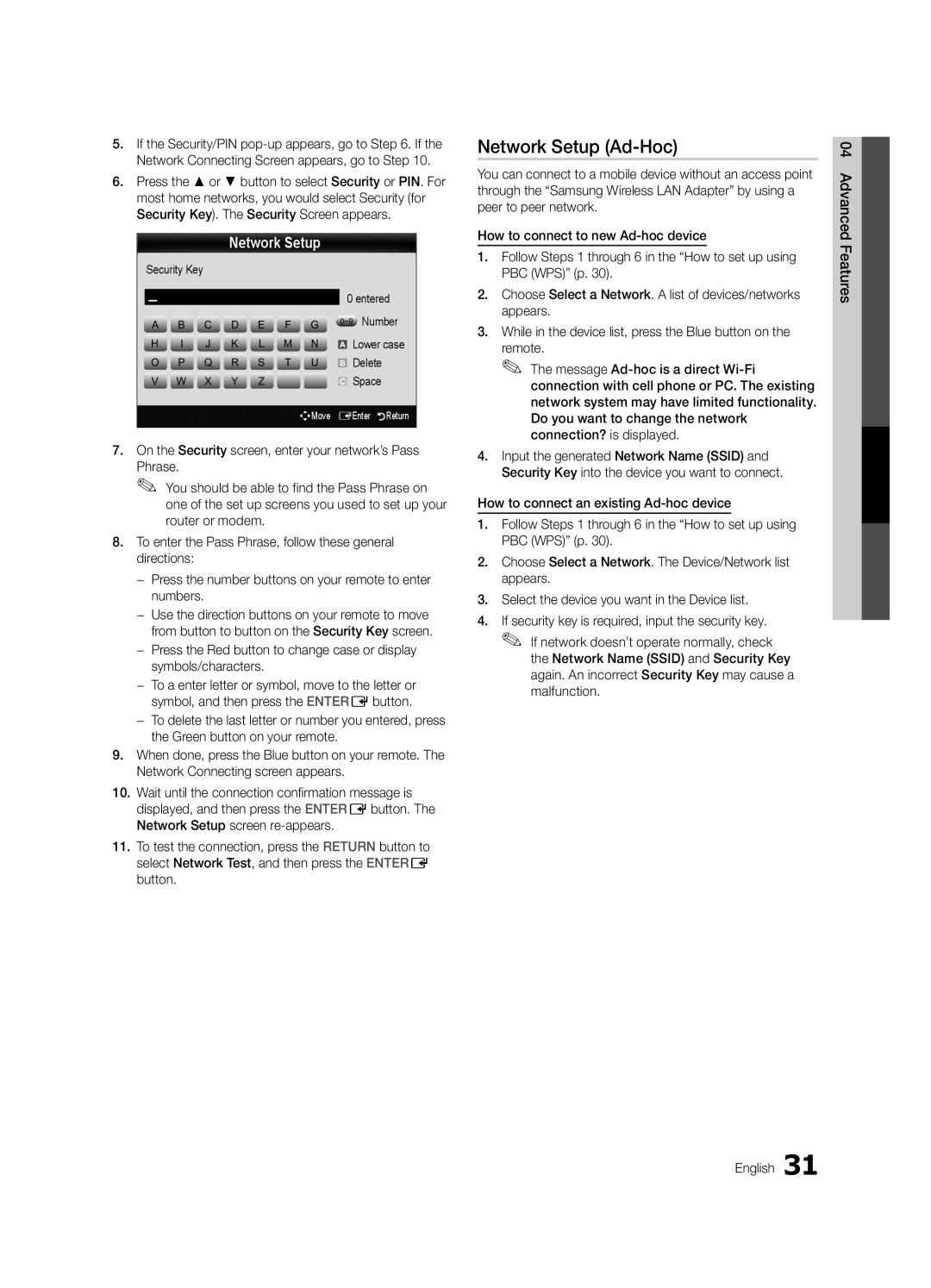 Samsung PN63C540, PN63C550, PN63C590 user manual Network Setup Ad-Hoc, Security Key Entered ~9 Number, Delete 