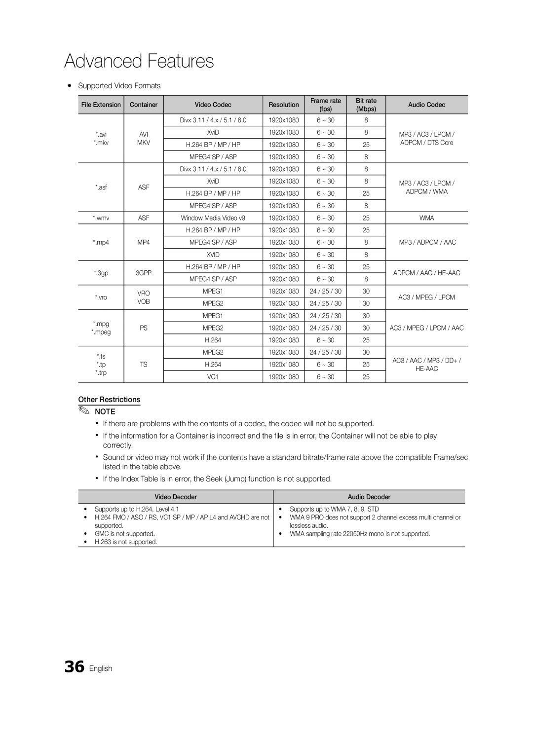 Samsung PN63C550, PN63C540, PN63C590 user manual Yy Supported Video Formats, Mbps, Mkv, 1920x1080 Adpcm / DTS Core 