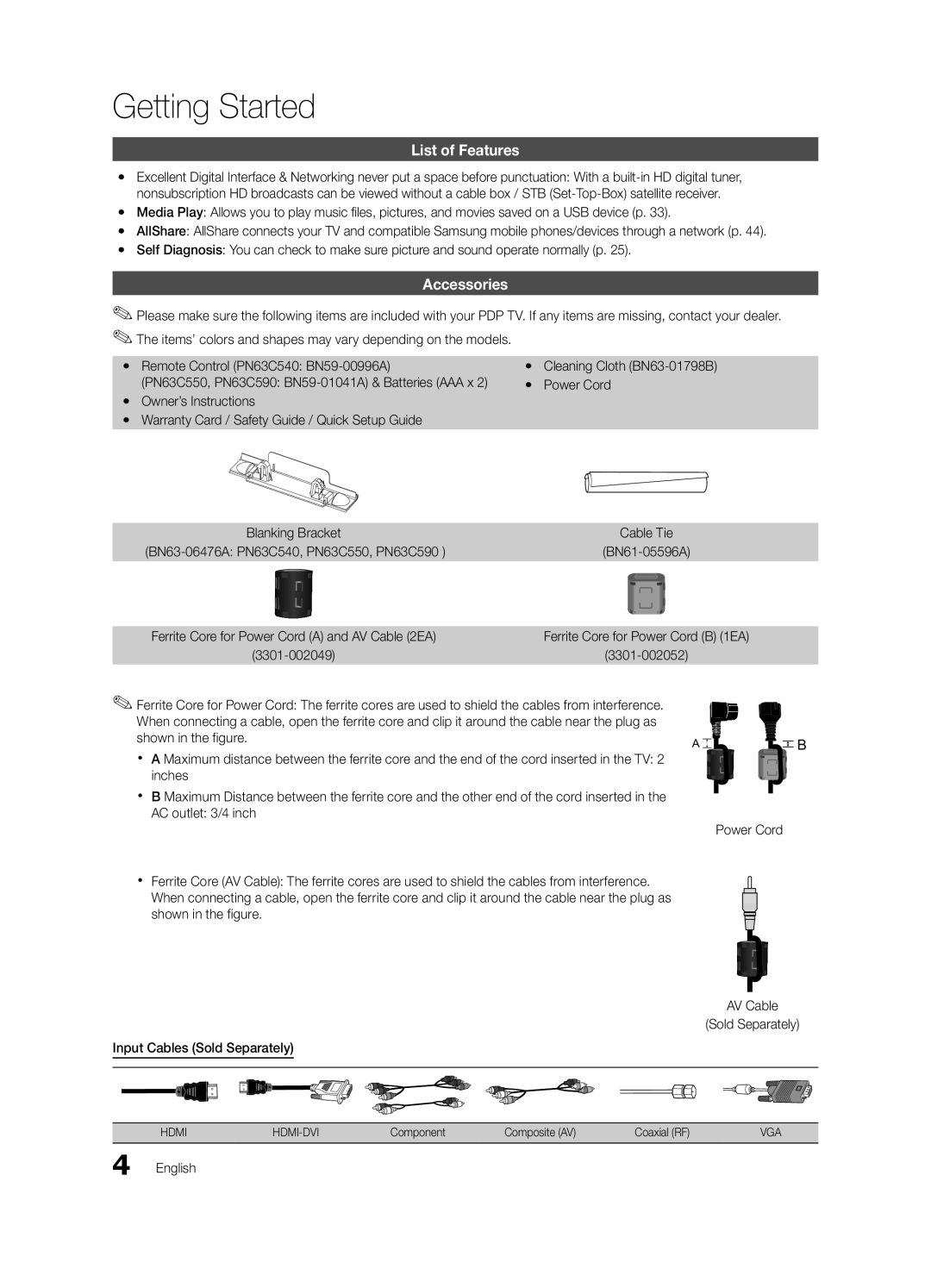 Samsung PN63C540, PN63C550, PN63C590 user manual Getting Started, List of Features, Accessories, Cleaning Cloth BN63-01798B 