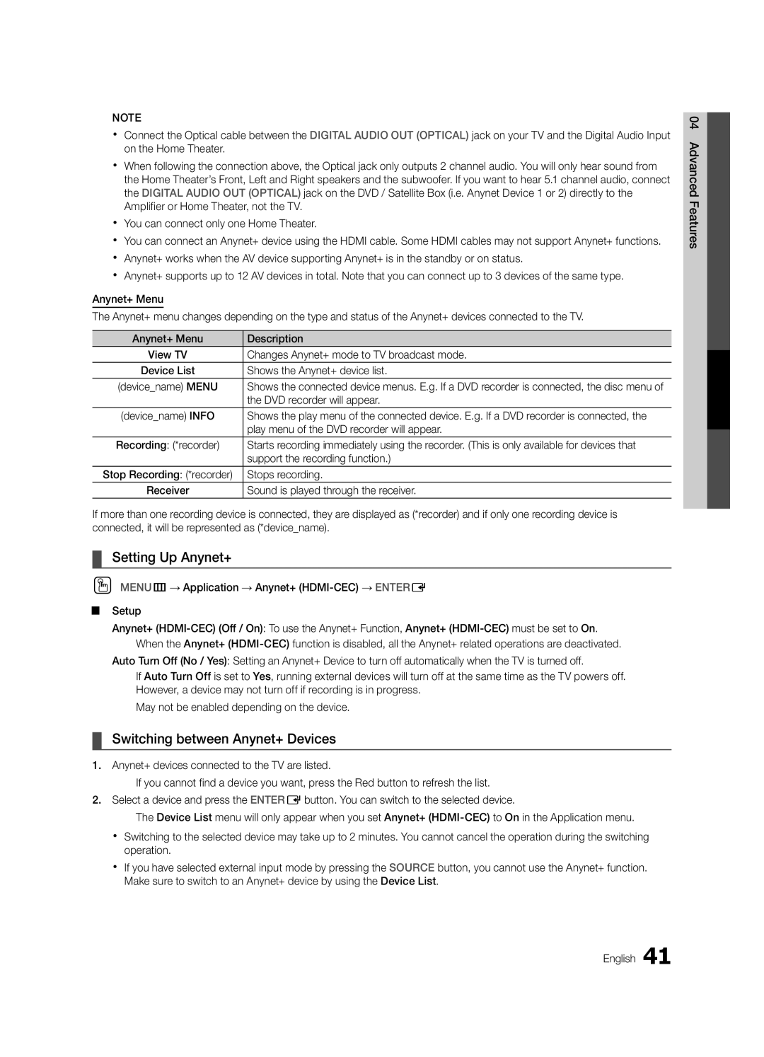 Samsung PN63C590, PN63C550, PN63C540 user manual Setting Up Anynet+, Switching between Anynet+ Devices 