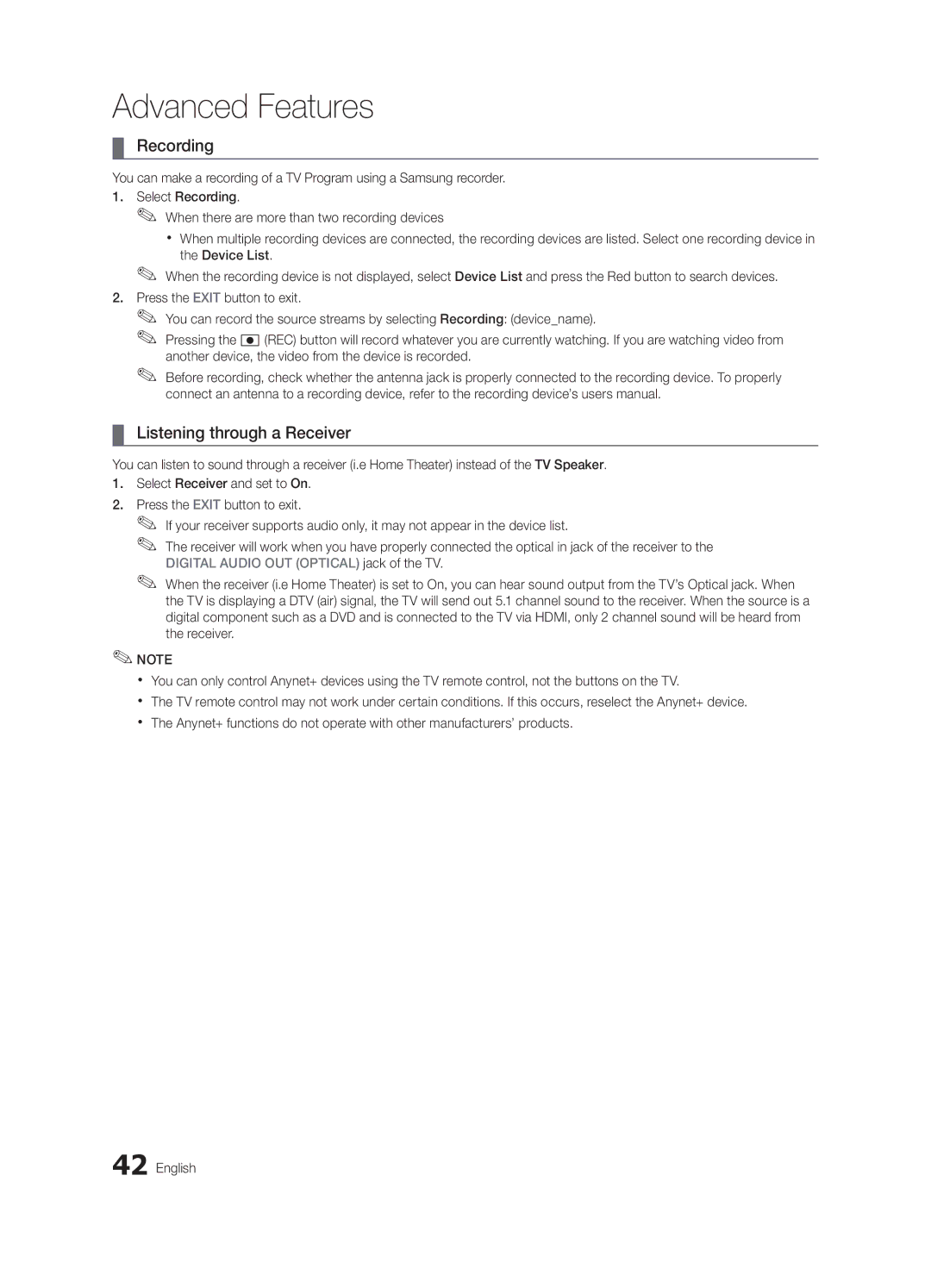 Samsung PN63C550, PN63C540, PN63C590 user manual Recording, Listening through a Receiver 